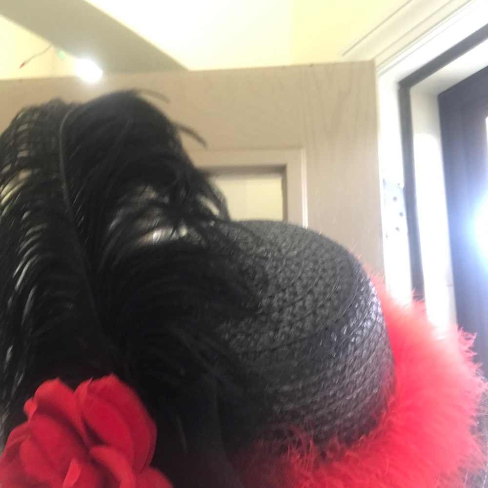 RED HAT W BLACK FEATHER & RED ROSE. Really pretty
